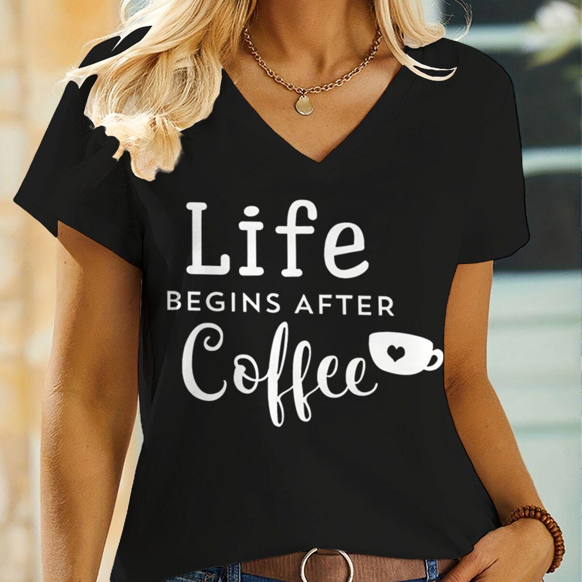 Women T Shirt Life Begins After Coffee Print Tshirt Women Short Sleeve V-neck T-shirt Ladies Summer Causal Tee Shirt Tops XL