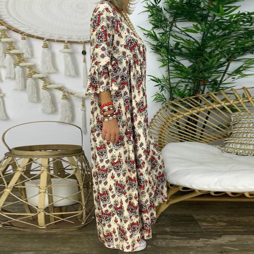 Women's Ladies Loose Plus Size Print Long Sleeve V-neck Long Maxi Dress