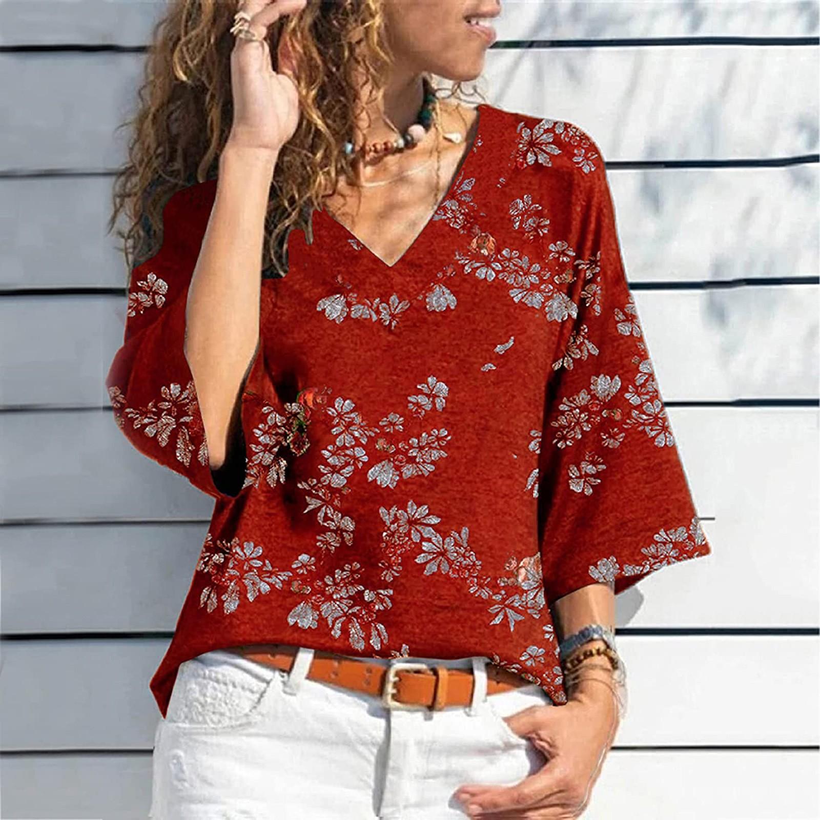 

Women s Casual Fashion V-Neck Print Splicing Loose Seven-Point Sleeve Tops XXXL червоний