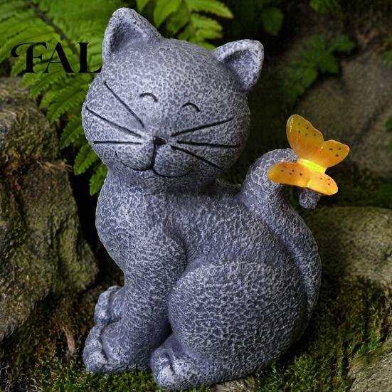 Durable Resin Outdoor Figurine Solar Cat Garden Statue, Cute Sculpture with Butterfly Light, Light Waterproof Animal Statue for Lawn Patio Yard