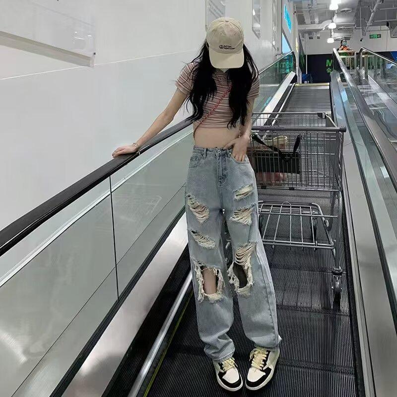 

Женские летние джинсы 2024 в американском ретро-стиле с рваными деталями и широкими штанинами S синий