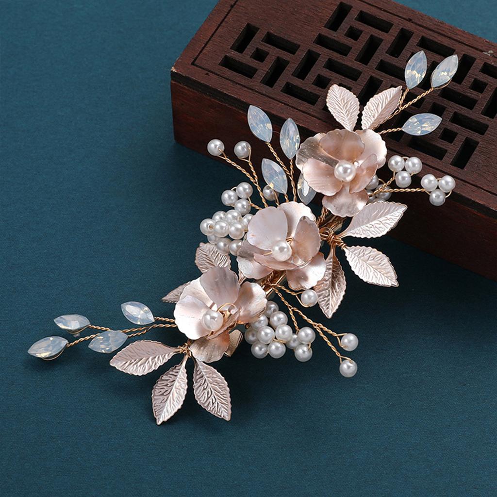 Elegant Floral Hair Clip Rose Gold Pearl Flower Leaf Barrettes For Women Girls Wedding Party Banquet Updo Jewelry Hair Accessory