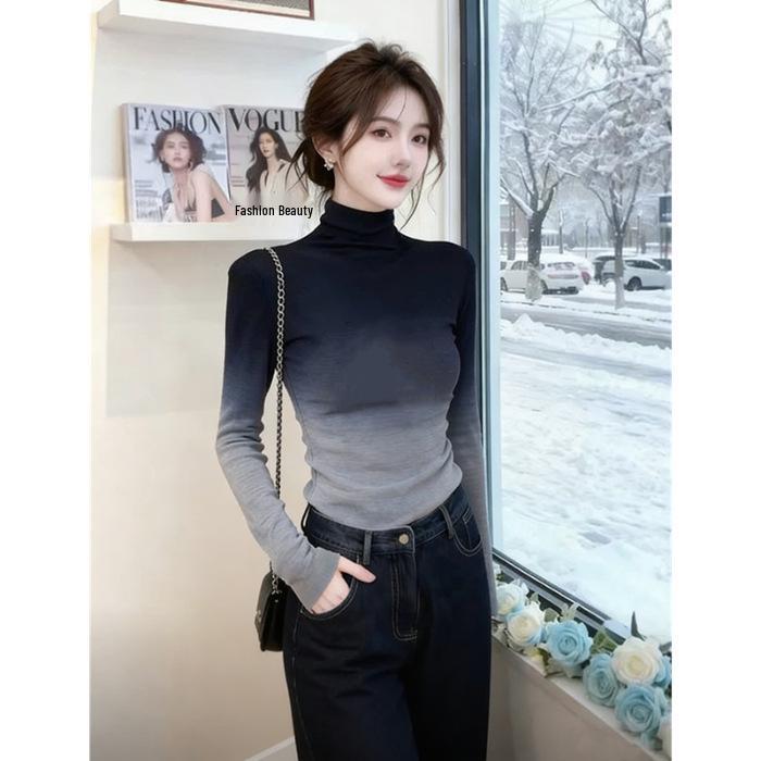 Korean Style Gradient Color High-Neck Slimming Base Layer Top for Women - Chic and Versatile Autumn/Winter Fashion