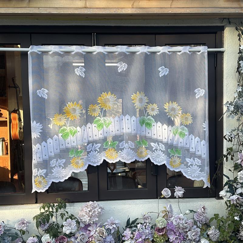 Countryside Style Sunflower Embroidery Half Curtain Kitchen and Bathroom Curtain Lace Decoration Window Sill Beautification Gauze Curtains Rodless