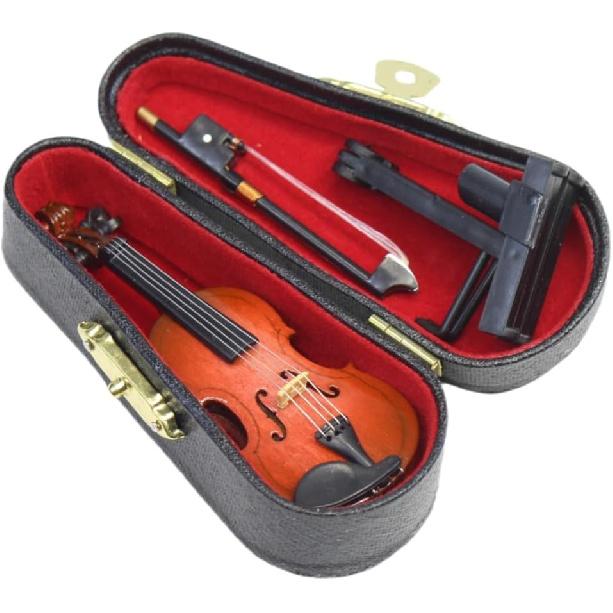 Wooden Miniature Violin with Stand, Bow and Case, Mini Musical Instrument, Dollhouse Model Miniature Home Decoration (3.15")
