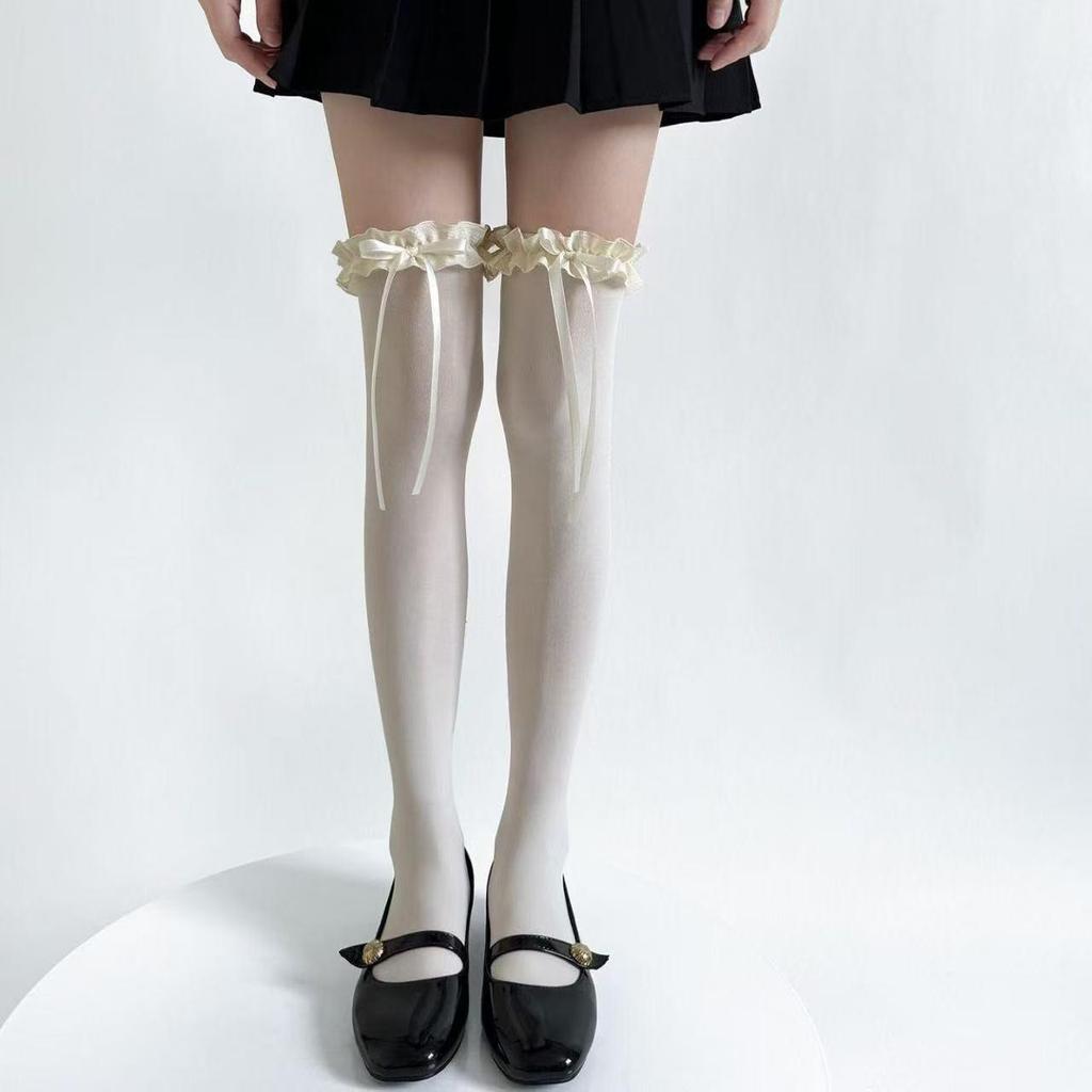White Bow Lace Trim Lolita Thigh High Stockings - Spring/Summer Women's Ballet Style Over-the-Knee Socks in Milk White