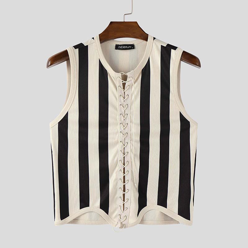 

INCERUN Summer Men Sleeveless Front Bandage Striped Party Fitted Cropped Tank Tops M абрикосовый