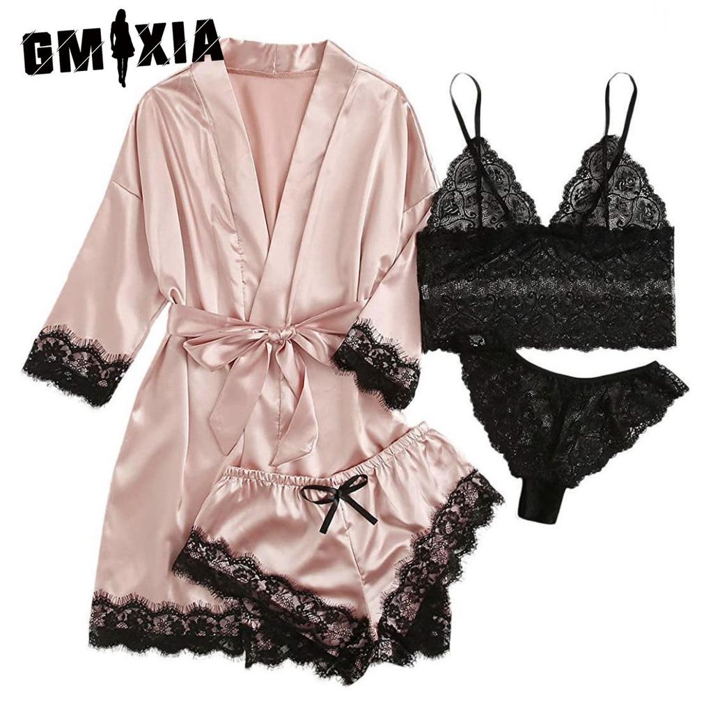 GMXIA Ladies' Pajama Four-piece Set, Lingerie, Large-sized Home Wear, Lace Pajama Sets