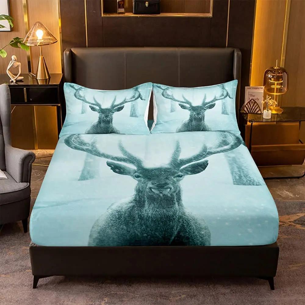 Elk Pattern Fitted Sheet with 2 Pillowcases Forest Deer Wild Animals Bedding Sets Kids Teens Bedroom Bed Cover King Queen Size