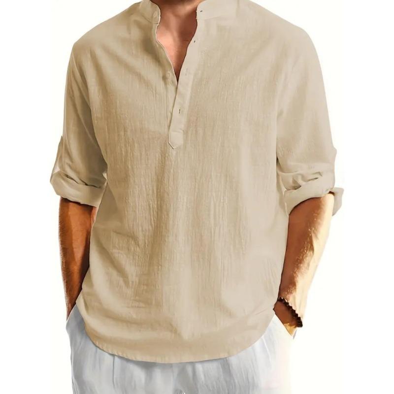 Men's Linen Long Sleeve T-shirt Loose Undershirt Solid Color Long Sleeve Cotton Linen Shirt Men