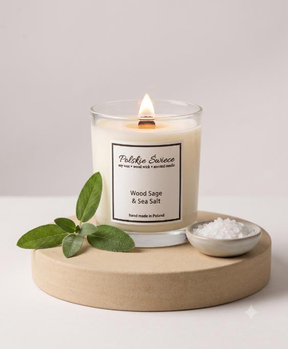 soy candle with a wooden wick + WOOD SAGE SEASALT
