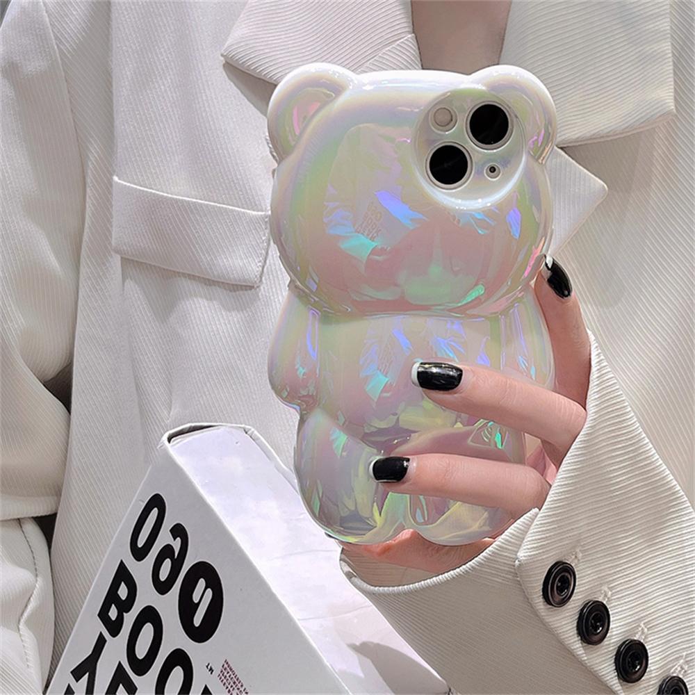 Korejský Roztomilý 3D Laserový Medvídek Průhledný Kryt na Telefon Pro Iphone 14 13 12 11 Pro Max Stylový Silikonový Nárazuvzdorný Měkký Kryt Funda
