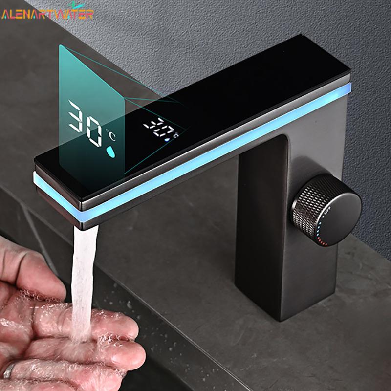 Rubinetto Lavabo Bagno con Display Digitale LED Intelligente Ottone Montaggio a Ponte Miscelatore Acqua Calda Fredda Lavabo Rubinetto per Lavabo