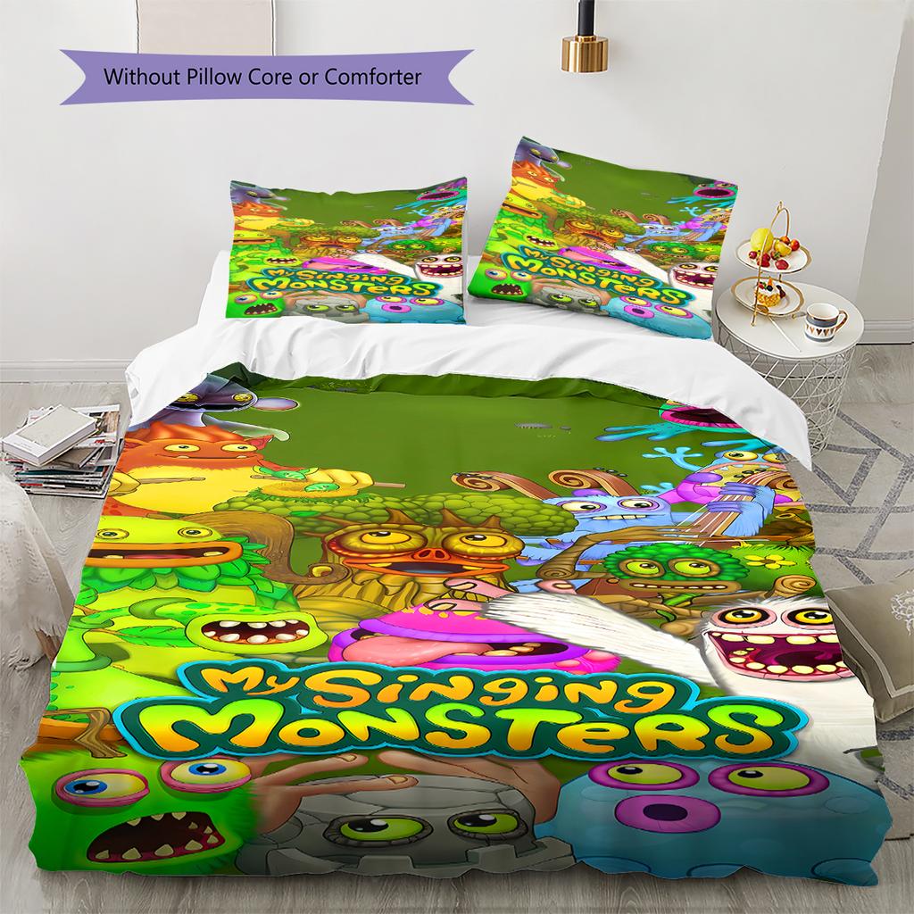 My Singing Monsters Pattern Bedding,Quilt Set Quilt Cover Pillowcase Home Birthday Gift (1 * Duvet Cover + 2 * Pillowcase, Without Core)