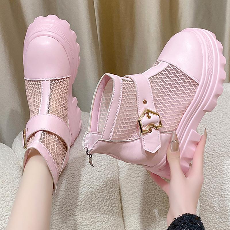 Fashion Pink Lovely Height Increasing Boots Women Breathable Mesh Buckle Zip Decor Summer Boots thick sole chunky platform uniform shoes