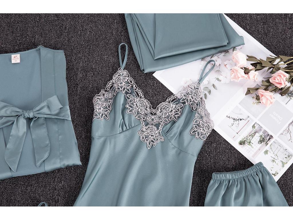 Yao Ting Satin Chiffon Five-Piece Pajama Set: Ice Silk, Casual, Sexy, with Chest Pads for Spring/Summer