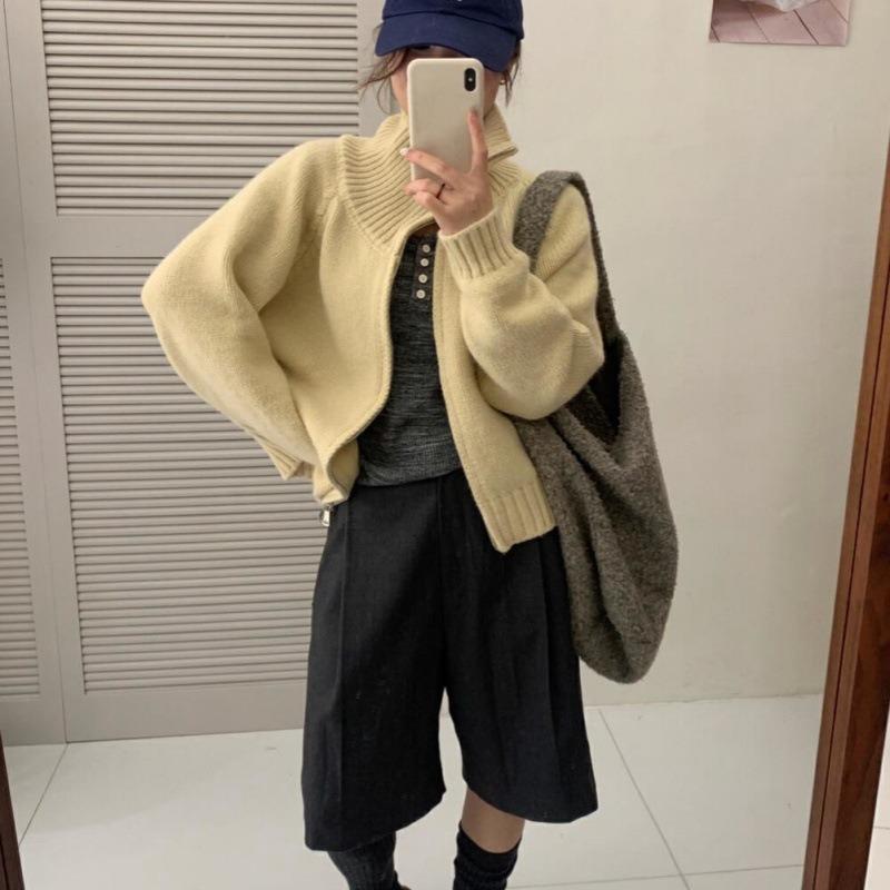 Lazy wind solid color double zipper lapel neck sweater jacket women's autumn new loose simple stand-up neck knitted cardigan thick