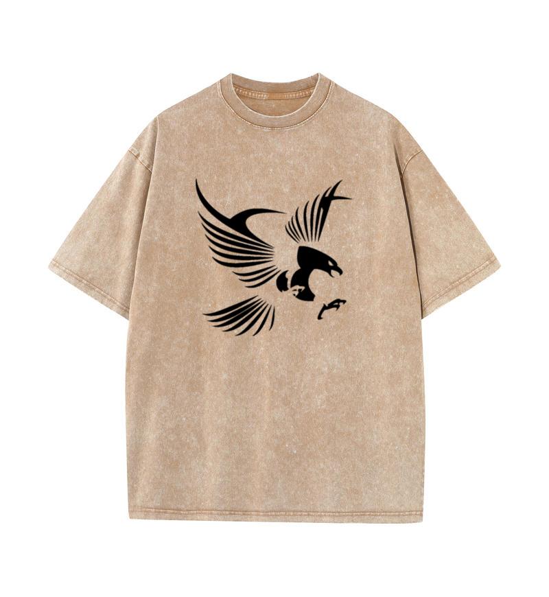 2025 Summer 100% Cotton Washed Old Craft Oversized T Shirt Big Size O-neck Oversized Men T Shirt Eagle Print