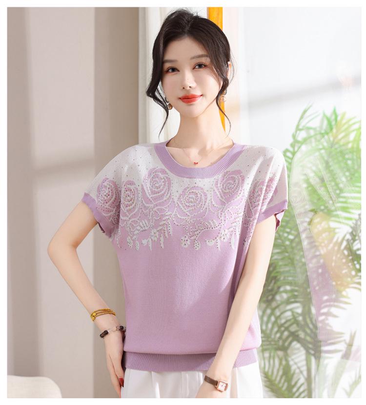 

2026 Summer Ice Silk Short-Sleeve Blouse for Middle-Aged Women - Age-Defying Fashion 2XL (110-120 jin) рожевий/фіолетовий