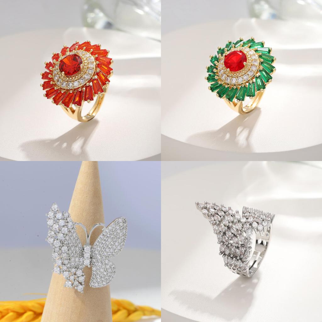 Copper Zircon Sunflower Open Ring For Women With Adjustable Fit And Floral Design