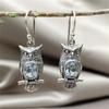 Vintage Silver Color Metal Carving Owl Earrings Originality Roung Inlaid Sea Blue Stone Dangle Earrings