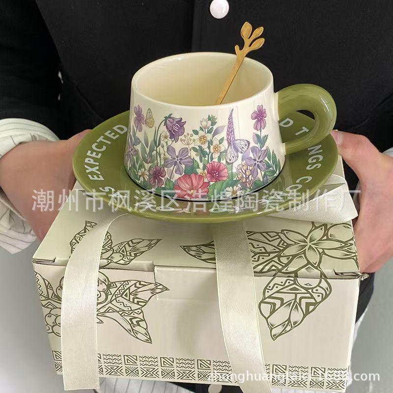 Retro Ceramic Cups And Saucers, Antique Oil Painting, Green Lily Of The Valley, Coffee Cup And Saucer, Hepburn Style Afternoon Tea