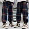 Children's Fashion Loose Plaid Sweatpants with Velvet Lining for Boys and Girls - Warm and Trendy Long Pants for Spring and Autumn.