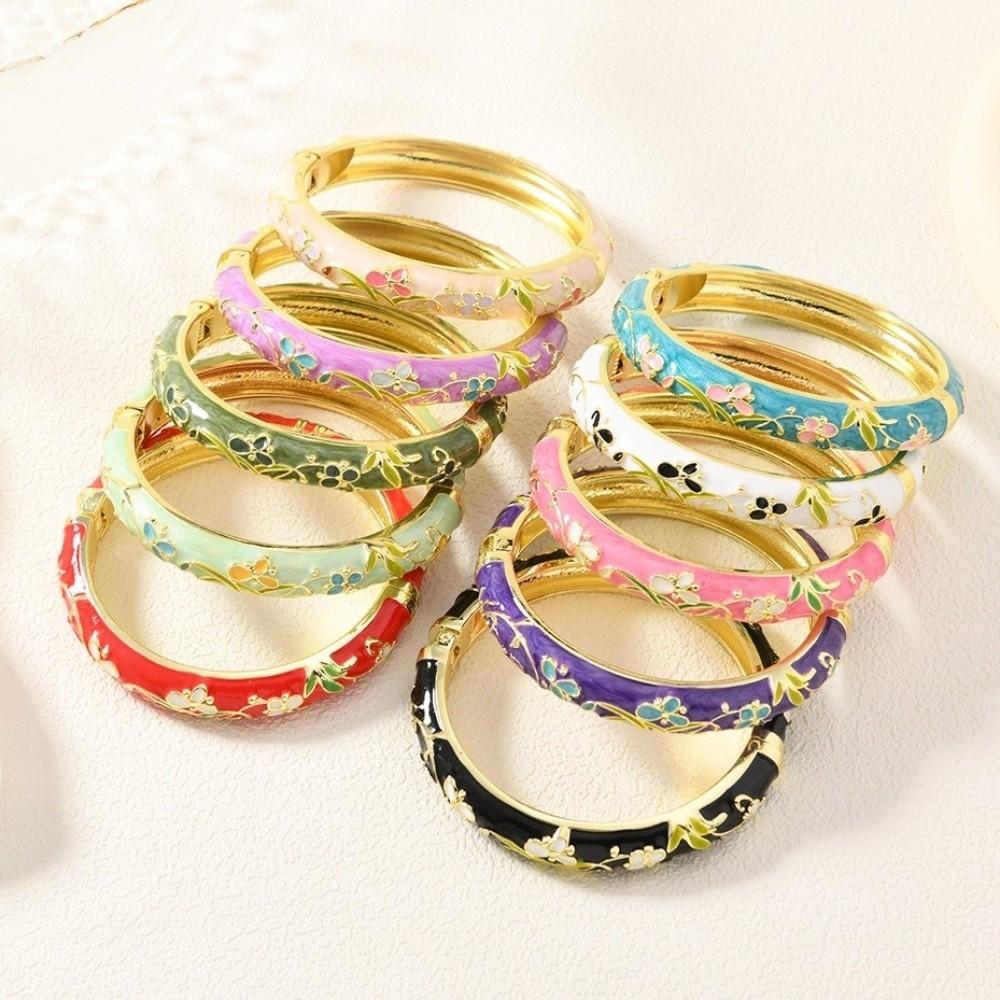 Elegant Cloisonne Bangle Rhinestone Retro Court Floral Bangle Charming Enamel Bracelet  Fashion