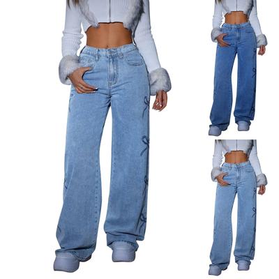 Women's Bowknot Denim Classic Versatile High Waist Fashion Trousers