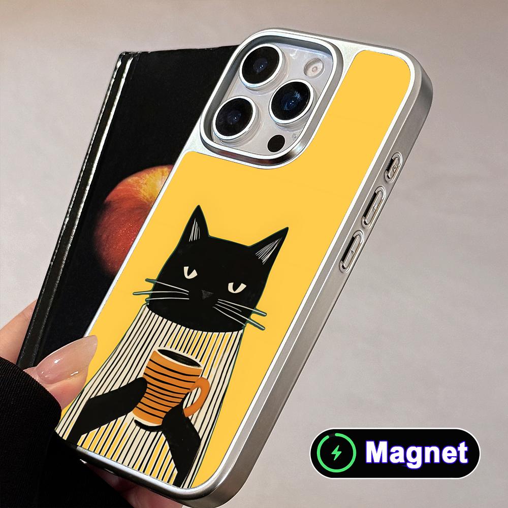 Cute Coffee Cat Silver Plating Magsafe Mobile Phone Case for iPhone 17 16 15 14 13 12 11 Air Pro Max Plus Colorful Cover