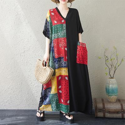 DIMANAF 2025 Summer Women Plus Size Dress Basic Casual Dress Loose Printing Long Beach Short Sleeve Dress