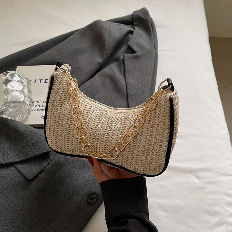 Summer New Versatile Fashion Grass Woven Retro Baguette Armpit Bag Simple Literary One Shoulder Portable Messenger Bag Women