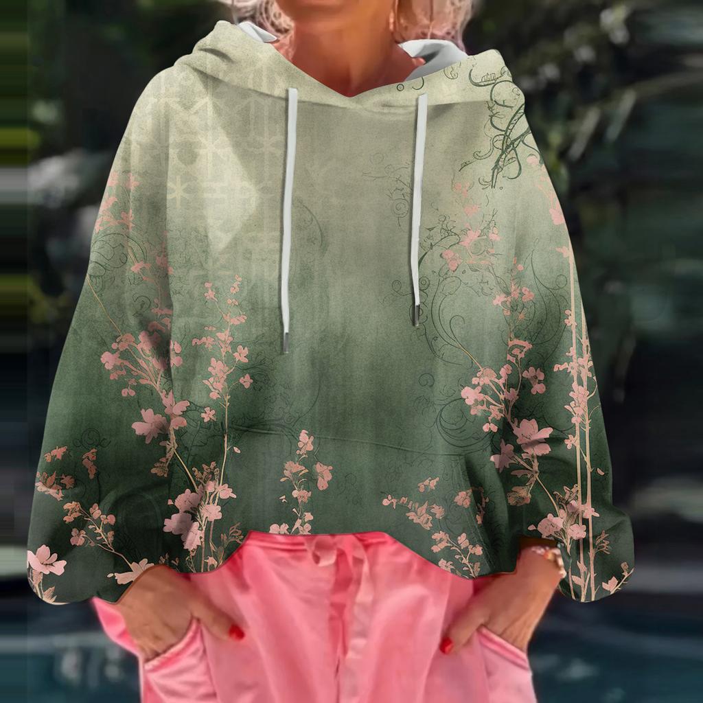 Women's Floral Print Loose Casual Long Sleeved Hooded Sweatshirt