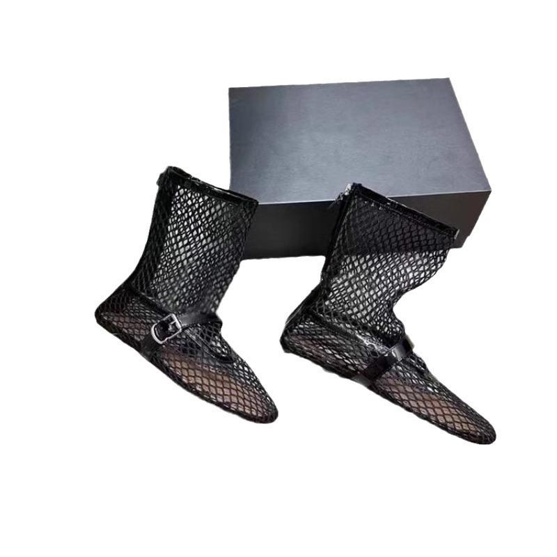 New Black Round Head Flat Bottom Willow Nails Rhinestone Mesh Cool Boots Catwalk Sexy Short Boots Trendy Girl