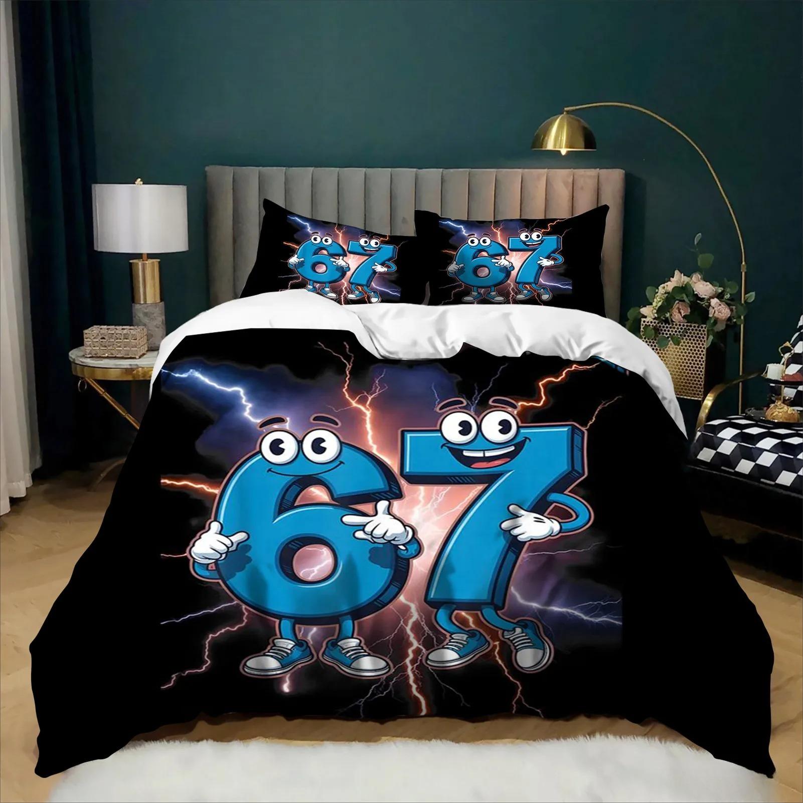 Ensemble de literie amusant pour garçons Catoon 67 Six Sept Meme Housse de couette Ensemble 2/3 pièces Décoration de chambre d'adolescents Garçons Taille Simple Jumeau Pleine 100x135cm (2pcs)