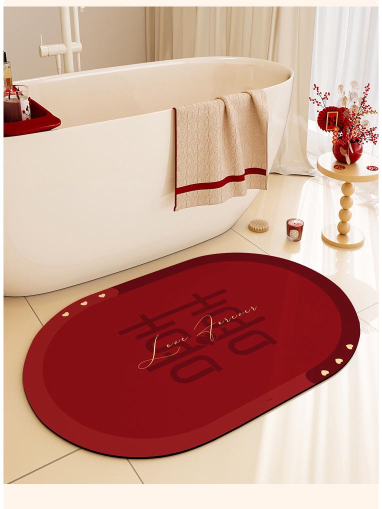 Festive Red Diatomaceous Earth Water-Absorbing Anti-Slip Oval Bathroom Mat