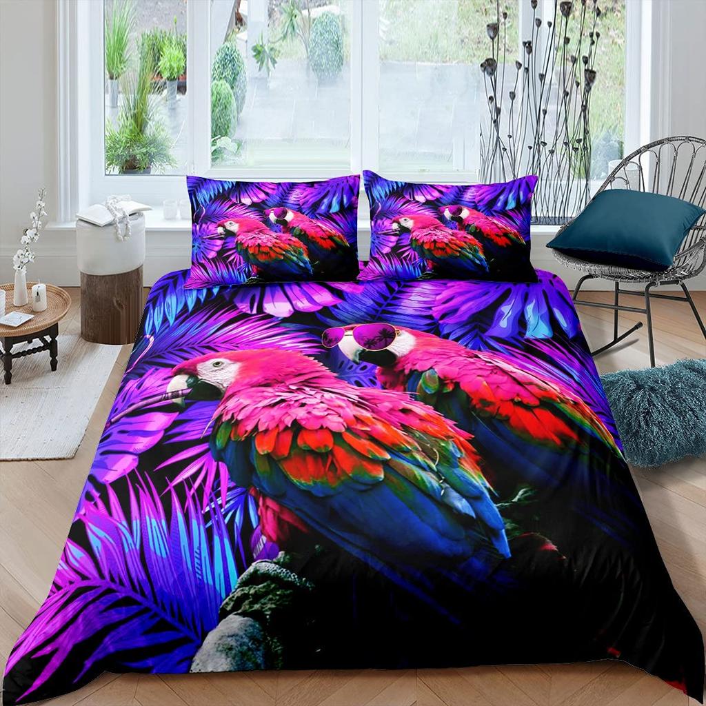Parrot King Queen Duvet Cover Colourful Feather Bedding Set Rain Trees Bird Quilt Cover Sunset Mountain Natural Comforter Cover