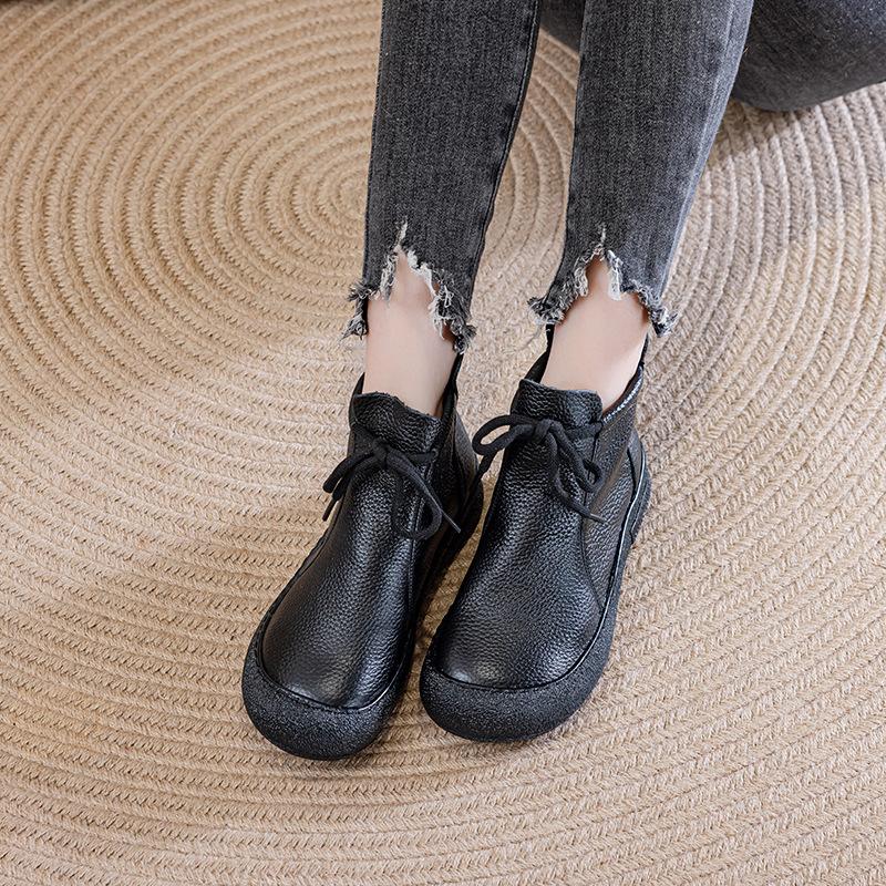Fashion 2025 Winter Genuine Leather Boots Women's High Top Laced Up Flats Woman Warm Short Plush Boot Ladies Orthopedic Shoe Ankle Boots