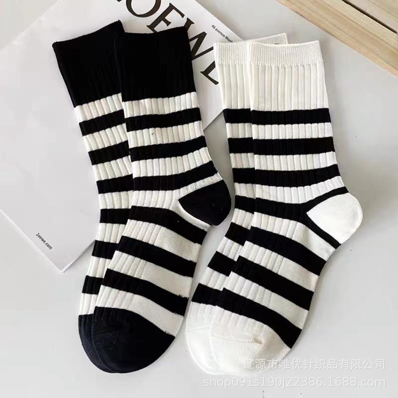 2023 Spring High-Top Women s Combed Cotton Socks - Korean Style Striped Trendy Design One Size чёрный