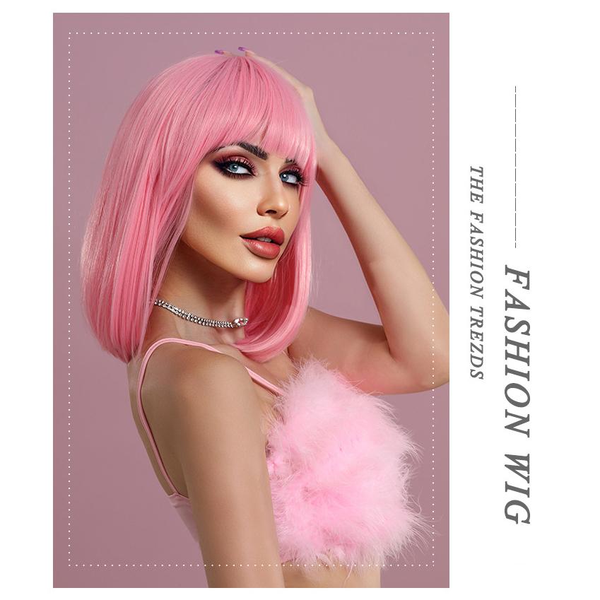 Women's Simulation Wig 36cm Hair Short Straight Wig Full Headgear Rose Hair Net Headdress Beauty Decoration Wig