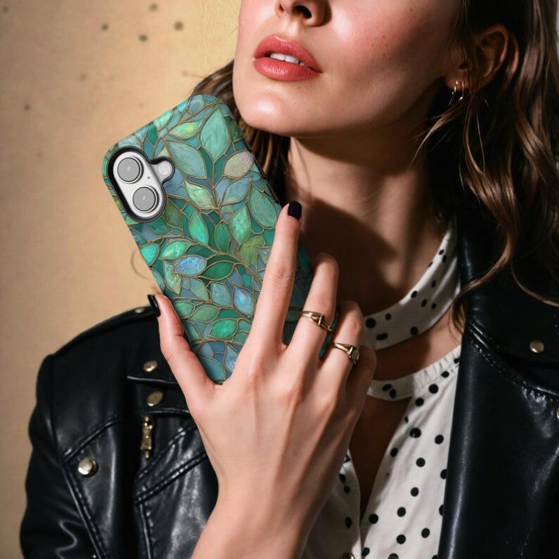 Green Stained Glass Leaf Phone Case Leaves  Plants Mosaic Phone Cover Fit for iPhone 17 Air 16 15 14 13 12 Pro Max Plus 2 In 1