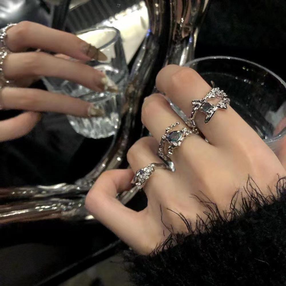 Fashion Love Heart Zircon Open Rings Set for Women Sweet Girls Geometric Finger Rings Jewelry Accessories
