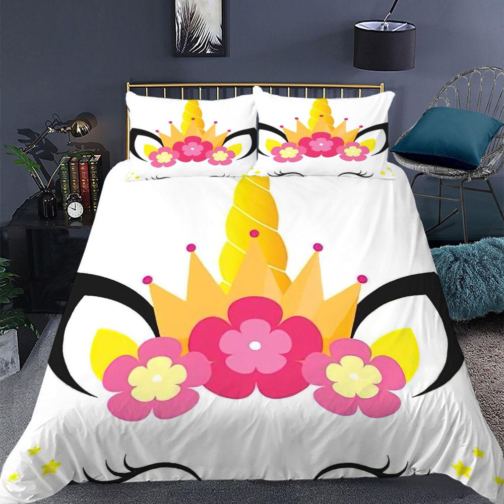 Enhörning Påslakanset King Queen Size Tecknad Färgglad Enhörning Söt Blomma Stjärna för Tonåringar Pojkar Flicka Barn Polyester Sängklädesset