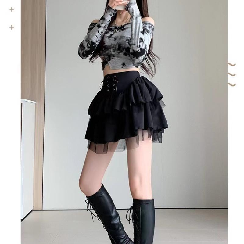 Mini Dress Black Cake Tummy Control Preppy Style A- Line Skirt High Waist Summer Heat Wave Women's Petite Chic Fashion