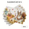4 Stück Herbst Eichhörnchen Tischsets Set of 4, 12x18 Zoll - Leinenstoff, Lebendiges Herbstdesign mit Kürbissen, Sonnenblumen & Blättern - Perfekt für Küche,