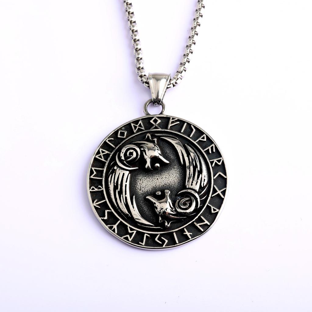 Collana Bussola Vikinga con Testa di Lupo Doppia - Ciondolo Runa in Acciaio Inossidabile per Uomini