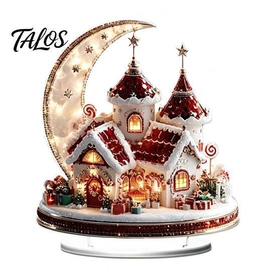 Winter Themed Decorative Art Christmas Acrylic Ornament, 2D Flat Snowy Cottage Ornament with Base, Small for Desk Display Santa Snowman Table