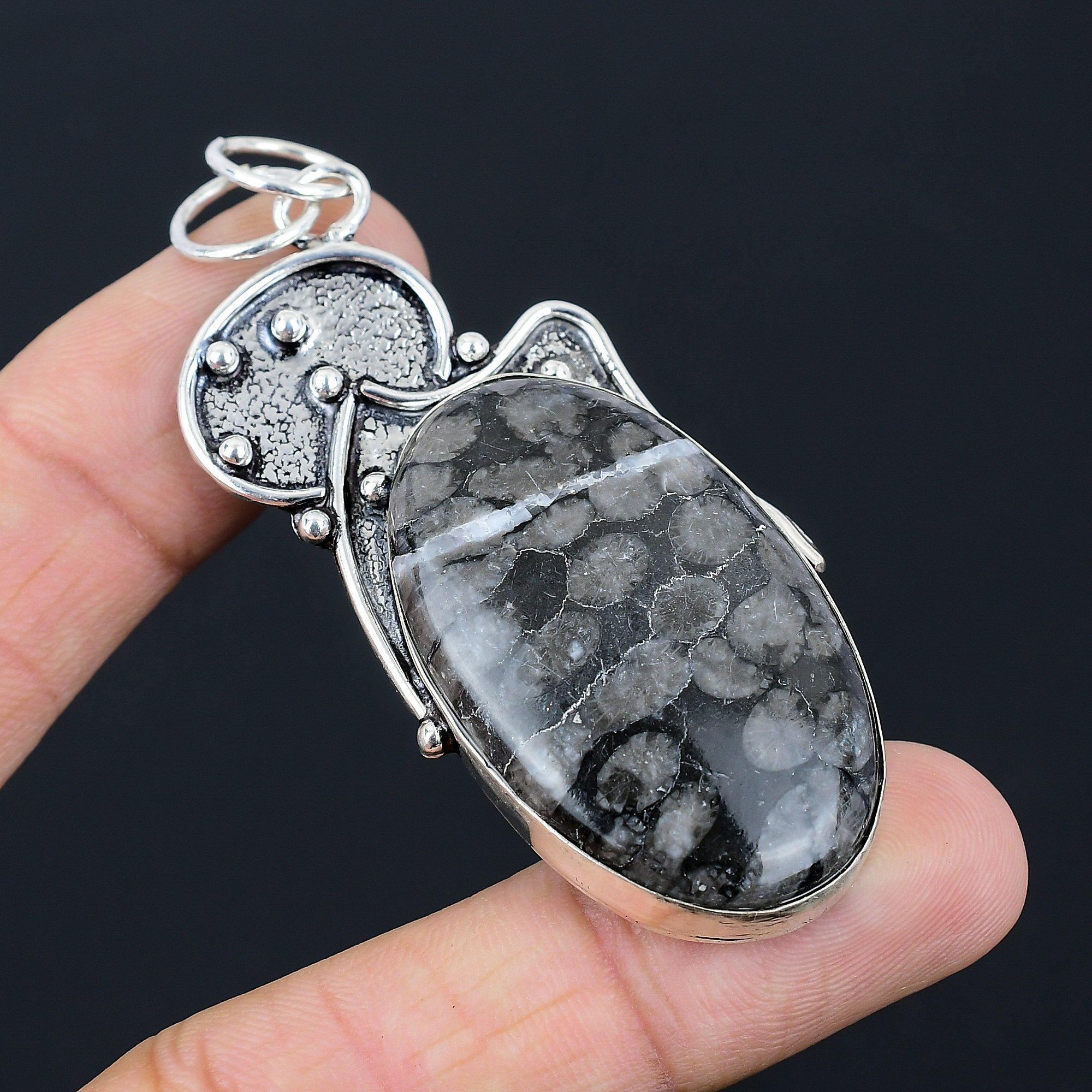 

Wedding Gift For Her 925 Silver Natural Black Fossil Coral Gemstone Pendant
