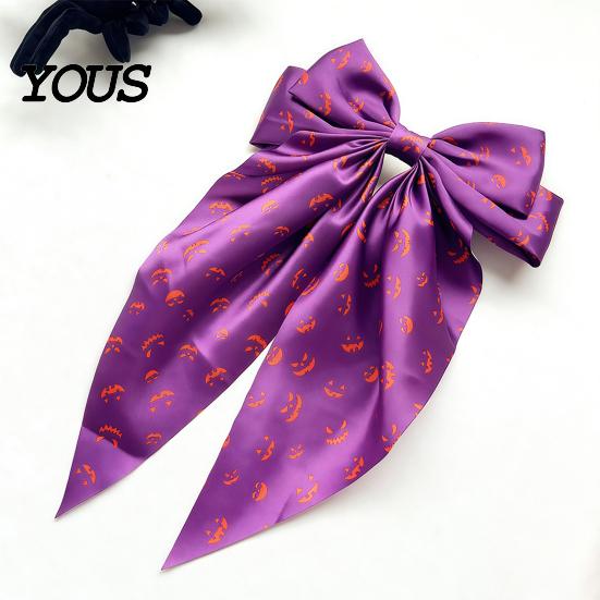 Halloween Hair Clip Silky Satin Bows for Women, Big Ribbon Bow Clips Girls, Decorative Oversized Long Tail Barrettes, Cute Ghost Bat