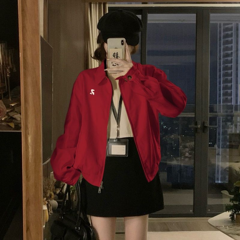 

Kumikumi Чувство дизайна Красный темперамент Лацкан Универсальная С длинным рукавом Верхняя одежда Женская Осень Свободный Универсальный Топ на молнии Red 2XL